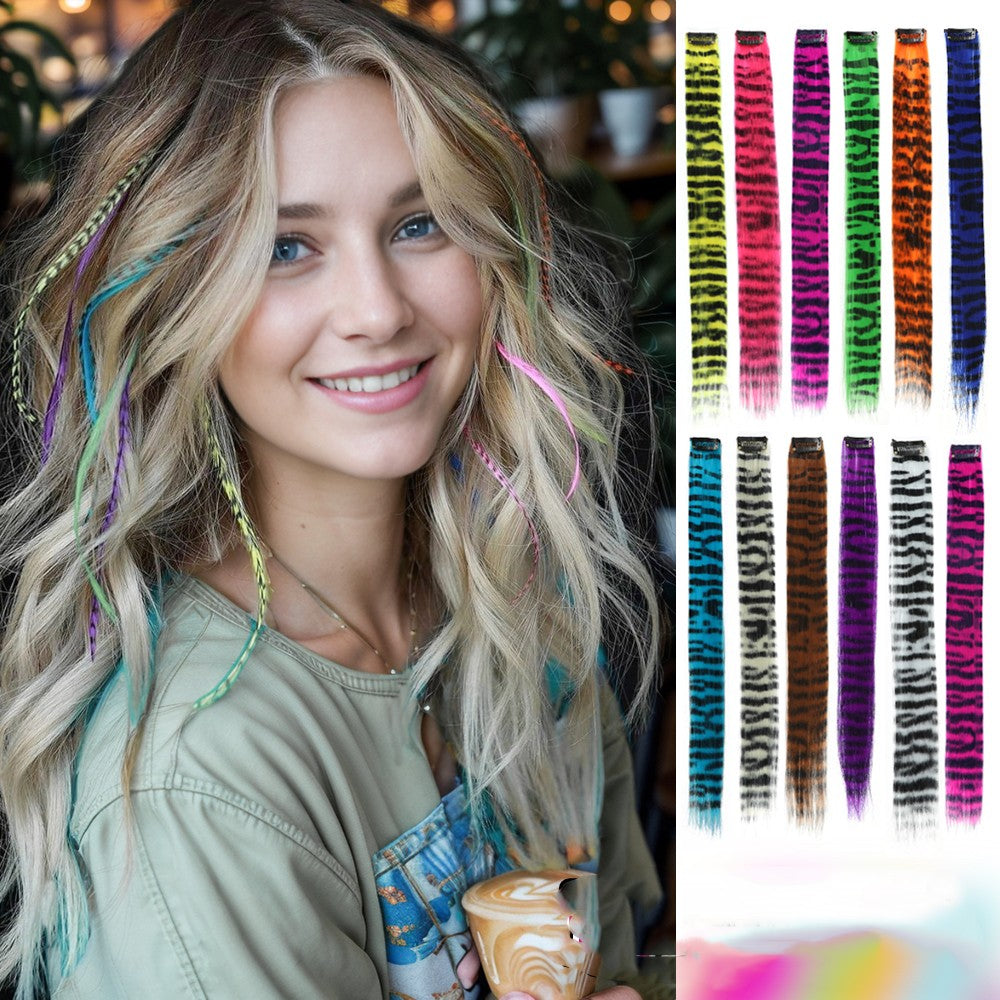 3pcs/set Stripe Printed Hair Colorful Long Straight Hair Pieces Synthetic Clip-in Hair Extensions for Daily Use Party Halloween
