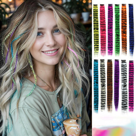 3pcs/set Stripe Printed Hair Colorful Long Straight Hair Pieces Synthetic Clip-in Hair Extensions for Daily Use Party Halloween