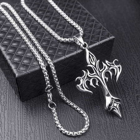 Hip Hop Flame Cross Pendant Necklace Stainless Steel Minimalist Jewelry For Men Retro Fashion Unisex Gift Couple Accessories