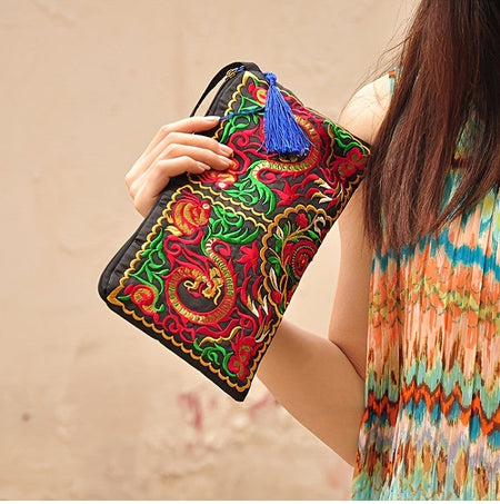 Ethnic Floral Embroidery Long Wallet Wristlet Clutch Bag Phone Vintage Embroidered Wristlet Clutch Evening Bag Wallets for Women