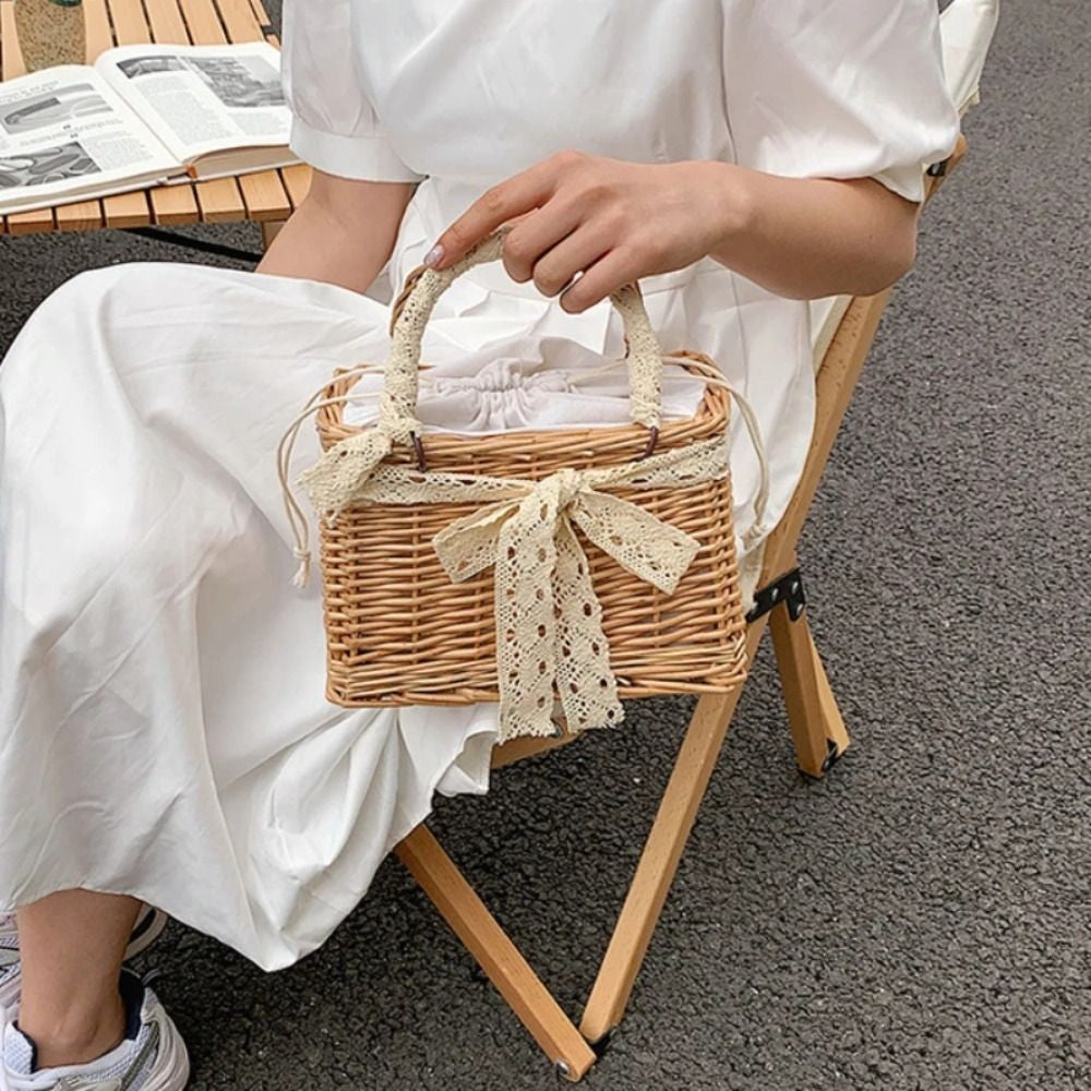 Straw Tote Hand Bags Summer Pearl Handle Handmade Knitted Handbag Storage Rattan Weaving Basket Shoulder Bag Women Girls