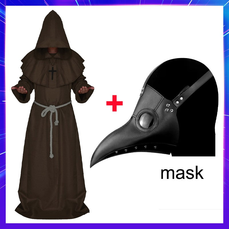 Halloween Wizard Cosplay Medieval Monk Hooded Robe Costume Mask Hat For Men Steampunk Priest Horror Masquerade Unisex Cloak Cape
