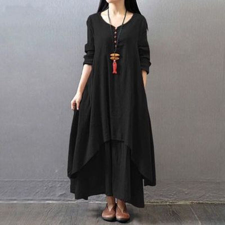 Summer Women Boho Vintage cotton and linen pocket dress Fake Two-piece Literary Irregular Large Swing Dress Robe double-layer