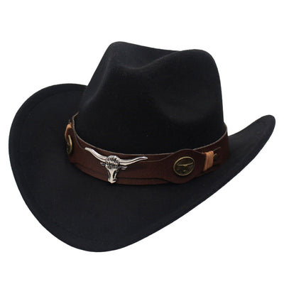 New Felt Western Cowboy Hat Ox Head Accessories Ethnic Style Roll Brim Cowgirl Cap with Cow Band Soft Jazz Fedora Hats Men