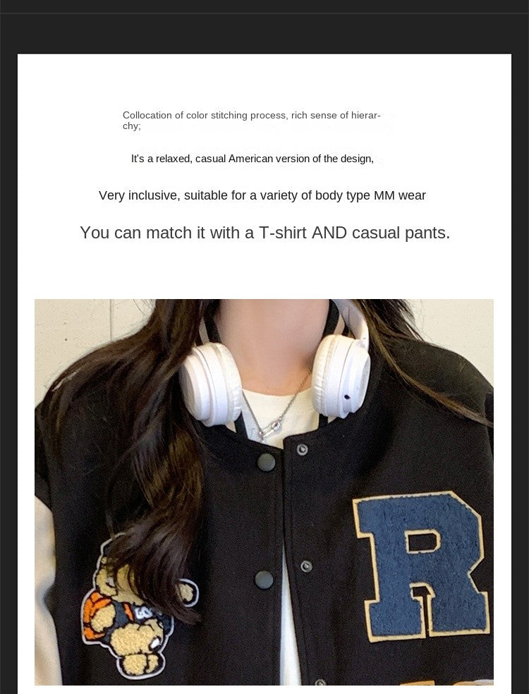 New Autumn and Winter Padded Baseball Jersey Women American Retro Loose Sweater Women Jacket