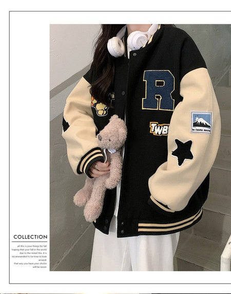 New Autumn and Winter Padded Baseball Jersey Women American Retro Loose Sweater Women Jacket