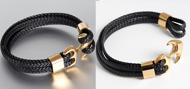 Punk Stainless Steel Anchor Bracelets Genuine Leather Bracelet & Bangles for Men Jewelry Black Color Fashion Gift
