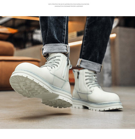 New winter men's shoes rain boots motorcycle leather shoes plush warm outdoor leisure high-top lace-up women's boots