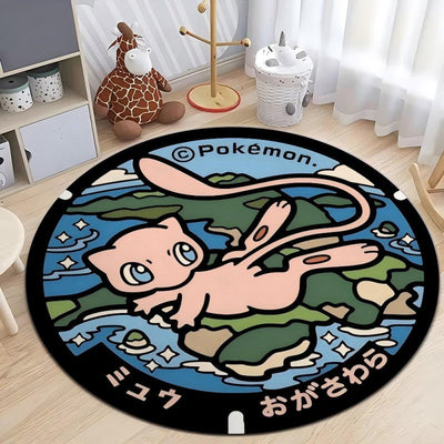 MINISO Japanese Anime Pokemon Round Rugs Non-Slip Floor Mat for Home Living Room Bedroom Circle Rug Washable Round Carpet Decor