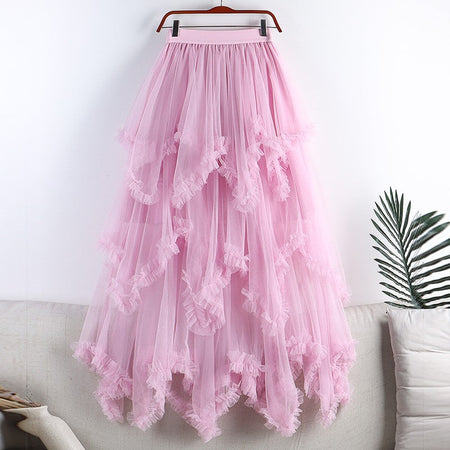 TIGENA Tutu Tulle Long Skirt for Women 2023 New Summer Korean Aesthetic Cute Irregular Mesh High Waist Maxi Skirt Female Purple