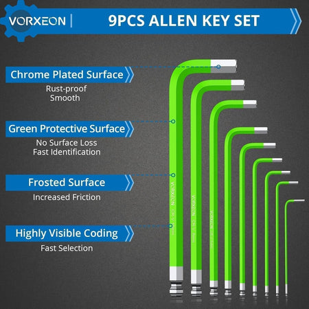 9 PCS Green Allen Wrench Hex Key Set 1.5-10 mm Metric Flat and Ball End Chrome Vanadium Steel and S2 Steel L-key For DIY Repair