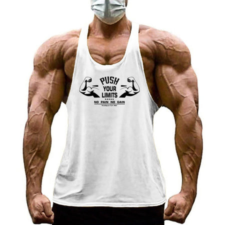 PUSH YOUR LIMITS NO PAIN NO GAIN Cotton Gym Tank Top Mens Bodybuilding Clothing Y Back Fitness Stringer Singlets Workout Shirt