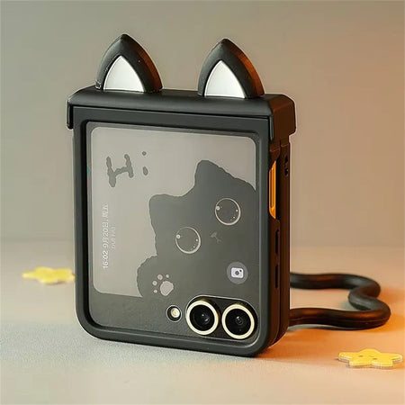 Korean Japan Cute Cat Ears Black Phone Case For For Motorola Razr 60 50ultra Razr 40 Ultra For Samsung Galaxy Z Flip 7/6/5/4/3