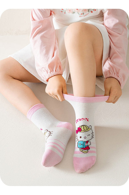 5Pairs Sanrio Cinnamoroll Kuromi Kawaii Spring and Autumn Cartoon Middle Tube Socks For Girls Boy Children Mid-calf Cotton Socks