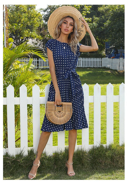 Summer Dresses For Women High Waist Midi Elegant Pleated Polka Dots Office Lady Dinner Party Vacation Dress Female Clothing Robe