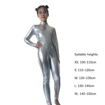 Kids Shiny Full Body Zentai Suit Metallic Tight Jumpsuit Halloween Cosplay Stage Performance Costume for Girls Boys
