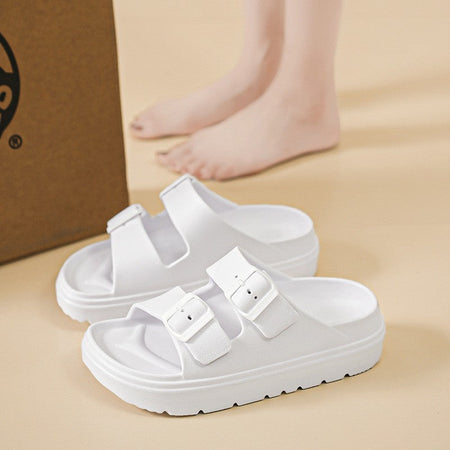 Bebealy Summer Breathable Soft-soled Beach Shoes Women Outdoor Double Buckle Embellished Sandals Non-slip Thick Sole Slippers