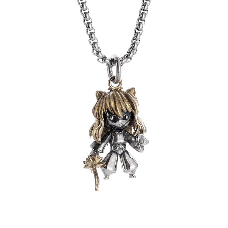 Silver-Plated Anime Mecha Beautiful Girl Girl Pendant Necklace Men and Women Hip-Hop Rock Punk Trendy Jewelry Gift