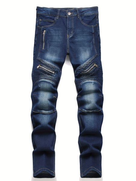 Men's ribbed jeans, elastic straight leg denim pants, washed bicycle distressed jeans