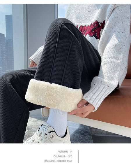 High Waist Warm Trousers Fashion Winter Fleece Thickened Women's Pants Solid Color Loose Elastic Waist Straight Casual Pants