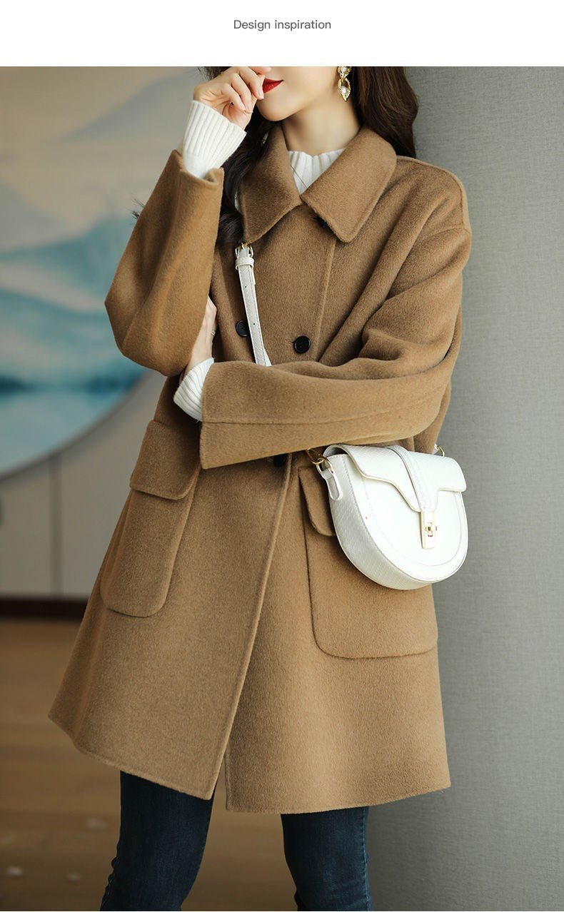 Plus Size Women's Thickened Woolen Coat Hot Sale Of The Season Autumn Winter New Style Coffee Color Slimming Mid-Length Korea...
