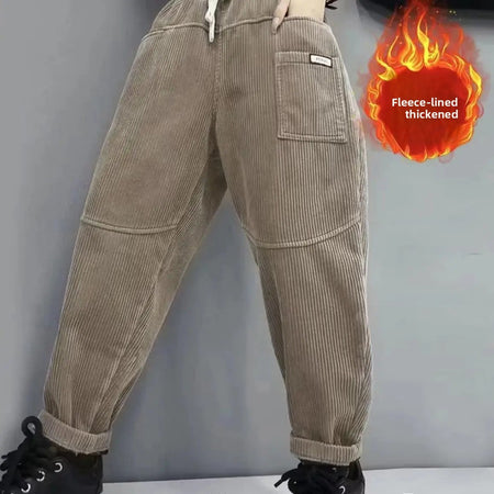 Thickened Fleece Lined Corduroy Harlan Pants Winter New Fashion Long Trousers Elastic Waist Loose Versatile Trendy Women's Cloth