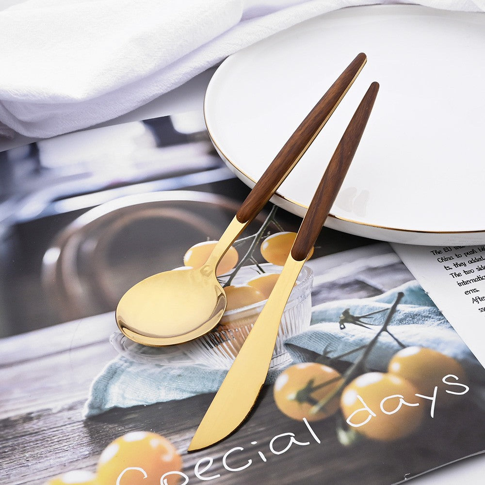 16/24/36Pcs Dinnerware Set Stainless Steel Imitation Wooden Handle Clamp Western Knife Fork Spoon Cutlery Tableware Silverware