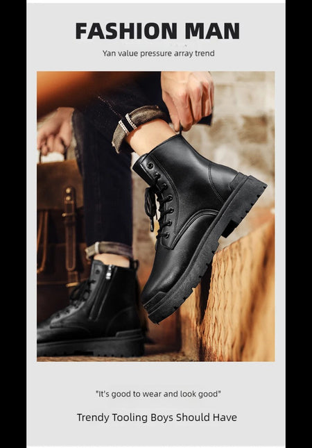 Men's Leather Boots Four Seasons Outdoor Casual Hiking Boots Retro Fashion Work Boots Thick Bottom Ankle Boots Anti-slip Fleece