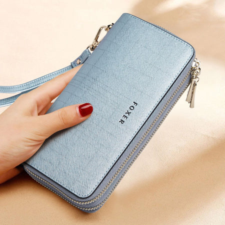 FOXER Split Leather Lady's Wallet Bifold Long Clutch Bag with Wristlet Fashion Card Holder Coin Purse Cellphone Money Bag