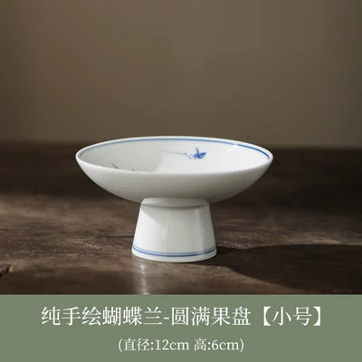 Pure Hand-painted Butterfly Orchid Fruit Plate, Dehua White Porcelain Tea Snack Living Room Table, High Footed Fruit Snack Plate