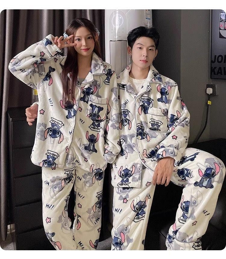 2Pcs Couple Plush Pajamas Suit Cute Disney Stitch Anime Man Woman Homewar Long Sleeve Pants Winter Cartoon Thicken Sleepwear