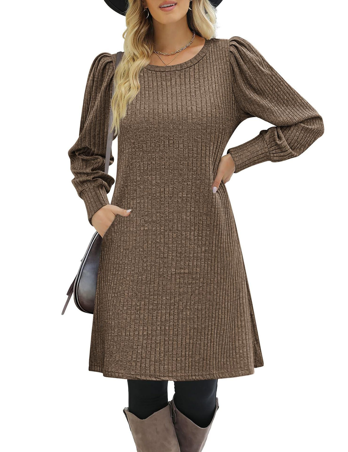 Y2K autumn and winter women's crew neck solid color sweater bubble sleeve fashion commuter dress comfortable casual loose dress