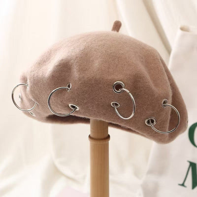 Fashion Winter Berets For Women girl Punk Rock Style Iron Rings Beret Caps Retro Wool Hats Black Woolen Painter Caps