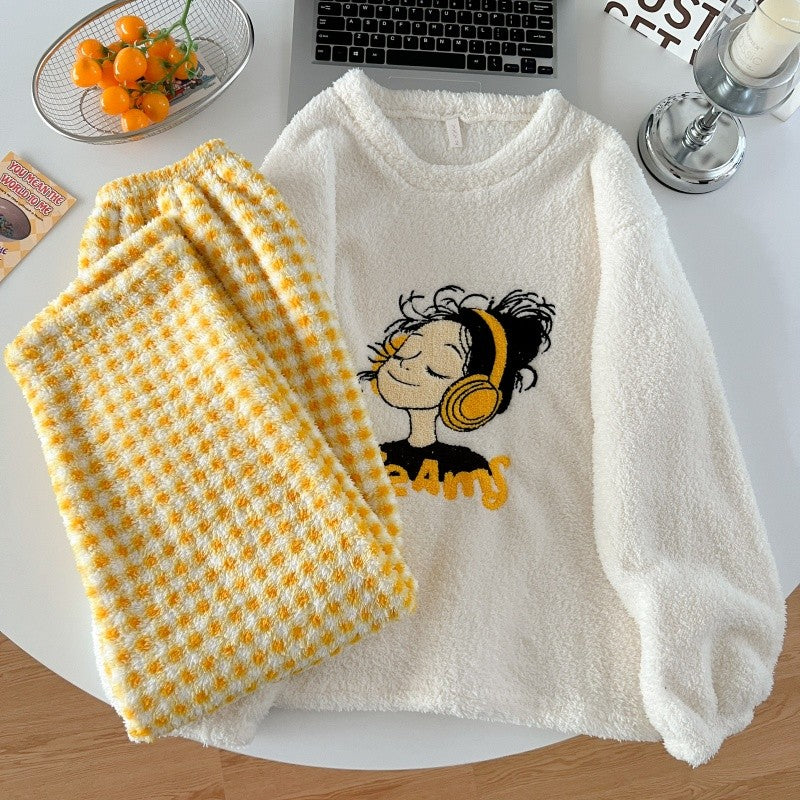 2pcs/Set Pajamas Korean Cute Dog Thickened Warm Fall And Winter Women's Pajamas Long-Sleeved Long Pants Set Sweet New Sleepwear