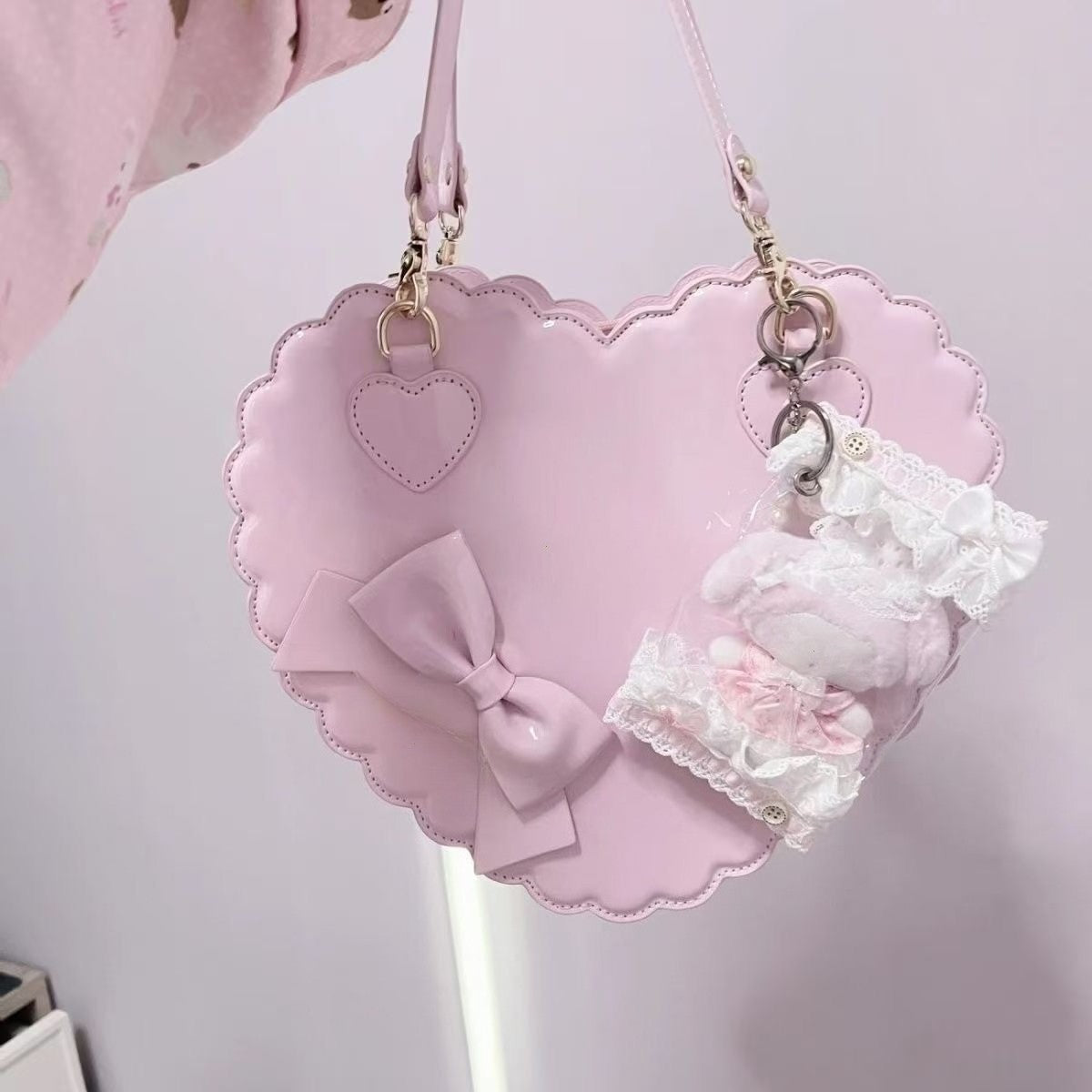 PU Heart Lolita Handbags Girls Bowknots Decor Japanese Shoulder Bags Two Sized Kawaii Shell Purses Cute Pink Messenger Bag Gifts