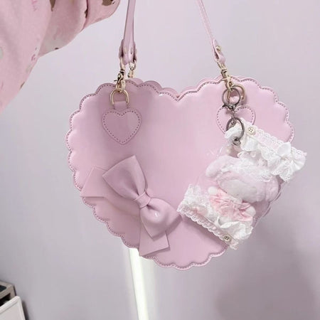 PU Heart Lolita Handbags Girls Bowknots Decor Japanese Shoulder Bags Two Sized Kawaii Shell Purses Cute Pink Messenger Bag Gifts