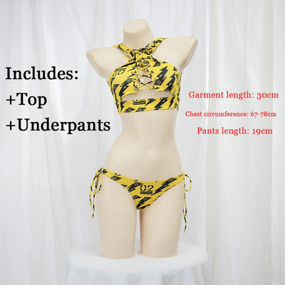 Anime Beach Girl Red Lip And Yellow Danger Warning Line Uniform Printing Bikini Swimsuit Underwear Women Outfits Cosplay Costume