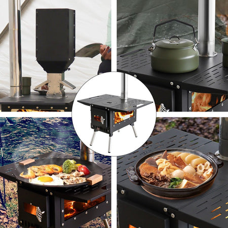 Hot Tent Wood Burning Stove Folding Stainless Steel 5-Section Chimney Outdoor Camping Wood Heater with Cooking Wing Panels
