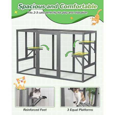 Weatherproof Outdoor Cat Enclosure, Large Wooden Catios with 3 Platforms, Patio Cat Houses for Cats, 71L Enclosed Space