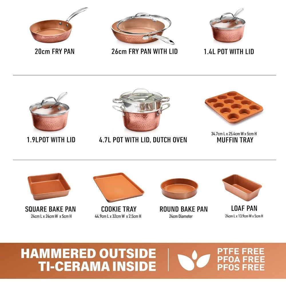 15-Piece Gotham Steel Hammered Ceramic Nonstick Cookware Set with Deep Copper Pots, Pans, Bakeware, and Deep Fry Pan