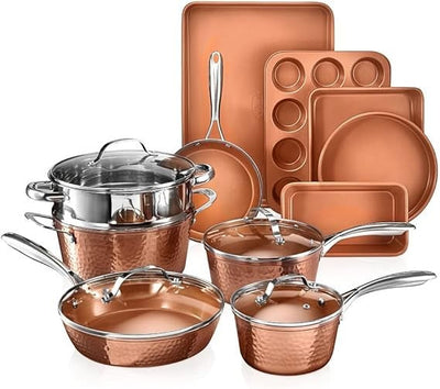 15-Piece Gotham Steel Hammered Ceramic Nonstick Cookware Set with Deep Copper Pots, Pans, Bakeware, and Deep Fry Pan