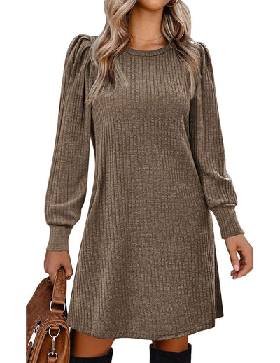 Y2K autumn and winter women's crew neck solid color sweater bubble sleeve fashion commuter dress comfortable casual loose dress