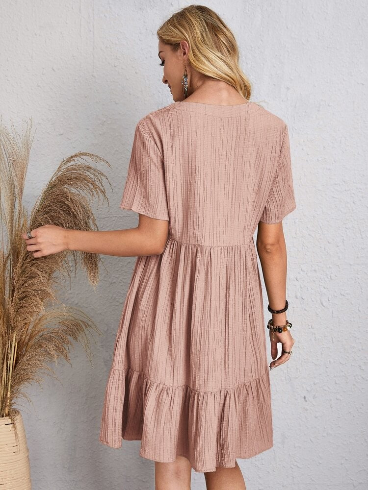 Women Elegant Short Sleeve V Neck Ruffles Dress Summer Casual Solid Loose Mini Dress Chic Bohemian Sundress Beach Party Vestidos