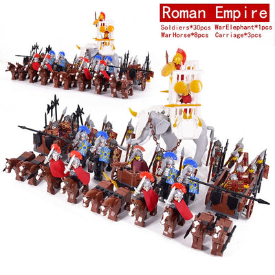 MOC Roman Empire Spartan Army Medieval Soldier Chariot Building Block Bricks Ancient Military War Helmet Toys For Children
