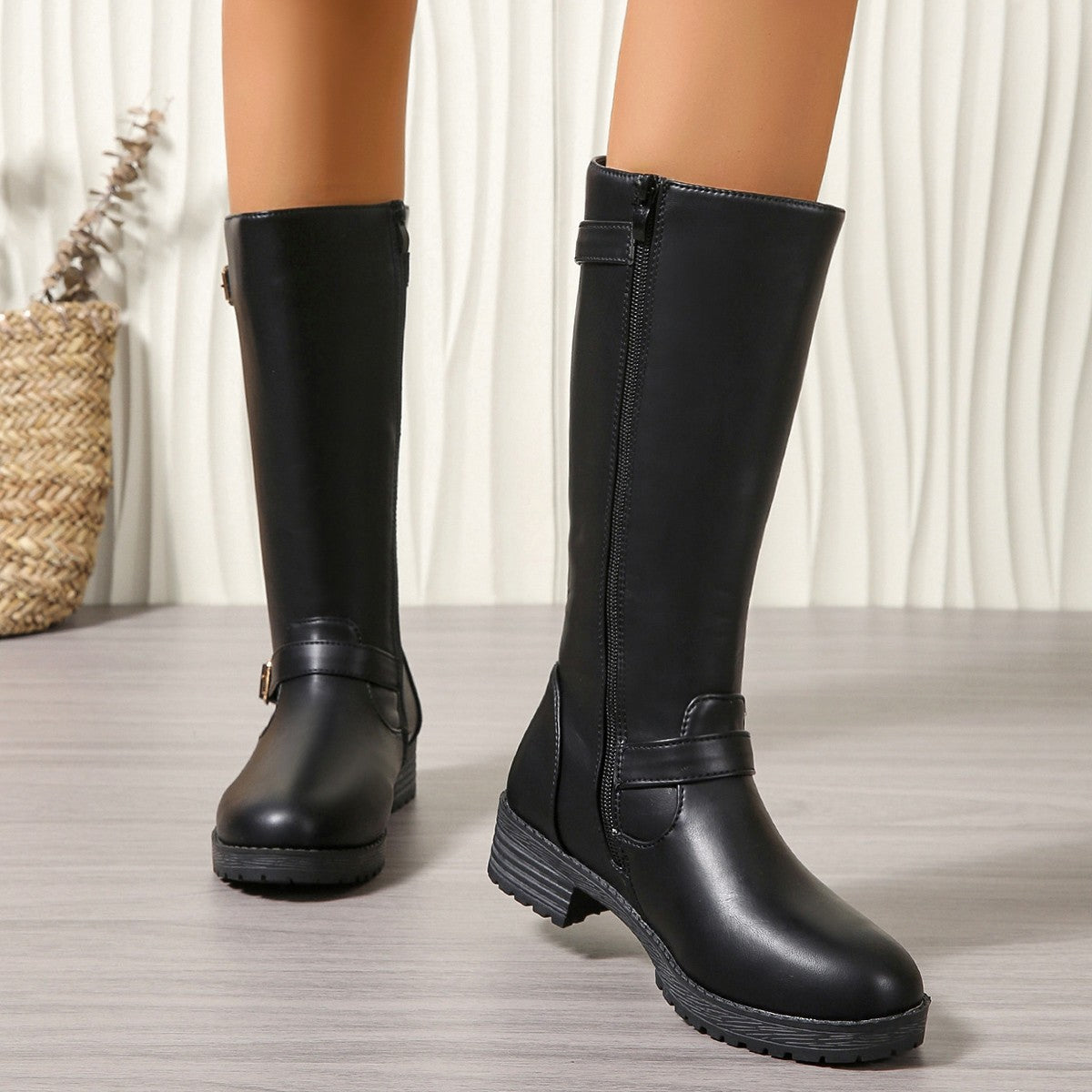 New Pu Leather Knee Boots for Women Shoes Buckle Metal Decoration Fashion Outdoor Ladies Footwear Long Black Platform Boots