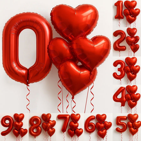 6Pcs/Set 32in Red Foil Number and 18in Heart Balloons Valentine's Day Birthday Christmas Party Decorations Anniversary Halloween