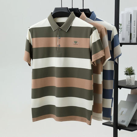 100% pure cotton fashion short sleeve polo shirt men's luxury brand embossed wide stripe color blocked summer casual lapel top