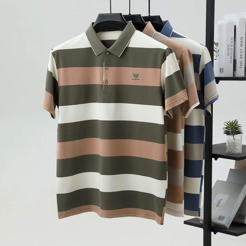 100% pure cotton fashion short sleeve polo shirt men's luxury brand embossed wide stripe color blocked summer casual lapel top