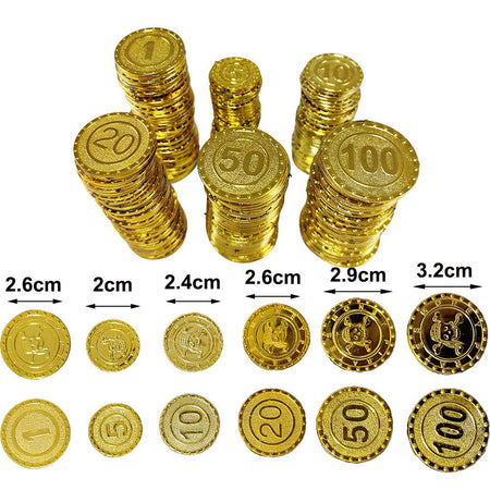 30/60/90/120pcs Pirate Gold Silver Bronze Coins Plastic Doubloon Bulk Kids Fake Play Cosplay Party Treasure Chest Games Tokens