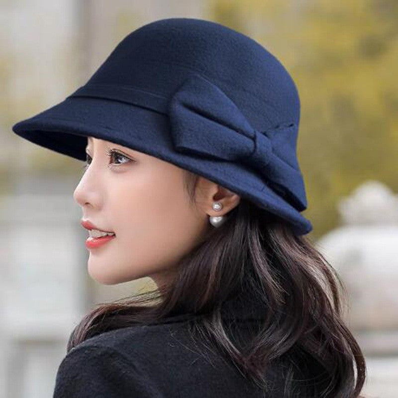 2022 Autumn Winter Fedoras Women Hat Elegant Vintage Bowknot Wool Ladies Hat Dome Felt Wedding Church Jazz Cap Female Bow Bowler